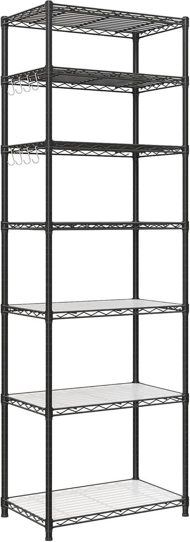 SONGMICS 7-Tier Storage Unit, Wire Shelving, Kitchen Metal Rack With Adjustable Shelves, Shelf Liners, 8 Hooks, for Garage, 13.4 x 23.2 x 70.9 Inches, Black ULGR067B01