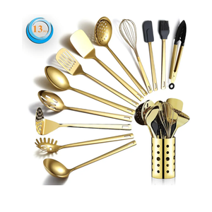 Gold Cooking Utensils Set, Berglander Stainless Steel 13 Pieces Kitchen Utensils Set With Titanium Gold Plating, Kitchen Tools Set With Utensil Holder, Dishwasher Safe, Easy to Clean