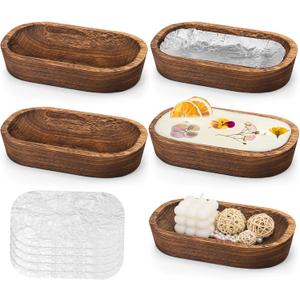 5 Pack Wooden Dough Bowls, Dough Bowls for Candle with Fire-resistant Coating, Rustic Paulownia Wood Bowl, Kitchen Table Home Bathrooms Farmhouse Decoration (9.5 x 5.5 x 1.6 Inch, Brown) (5)