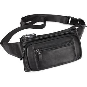 Leather Fanny Pack for Men Women, Belt Bag Fashion Waist Packs Small Crossbody Bag with Adjustable Strap for Travel Sport Walk (Black)