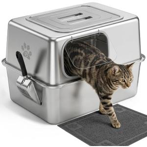 Ptlom Enclosed Stainless Steel Litter Box for Large Cats, Leak-Proof Metal Cat Toilet with Lid, Ventilated Top Opening Covered Cat Pan High Sided Walls, Scoop & Litter Mat, 20.8" x 13.0" x 15.1"