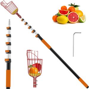 30FT Reach Fruit Picker with Basket, Telescoping Aluminum Pole 5-24FT, Dual Flip-Lock & Screw Fixing Design for Apple Orange Mango Avocado Lemon Picking