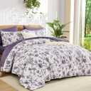 Luxudecor Floral Comforter Set King Size 7 Pieces, Purple Flower with Bird Bed in a Bag, Soft Reversible Comforter with Sheet Bed Set 104"x90"