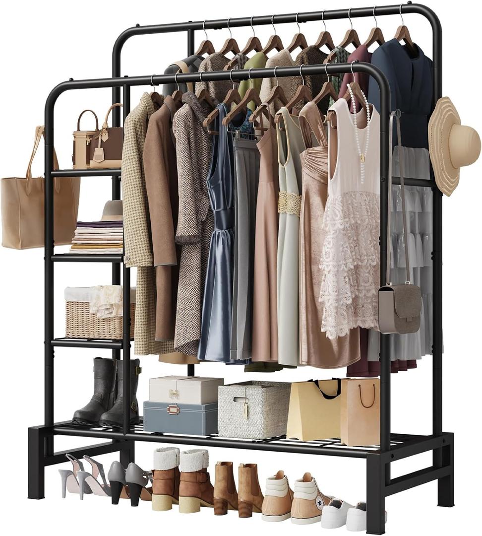 Clothes Rack for Hanging Clothes, Double Rods Clothing Rack with 3 Tier Storage Shelves, Multifunctional Heavy Duty Garment Rack for Bedroom, Laundry, Living Room, Black