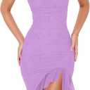 BORIFLORS Women's Sexy Ruched Bodycon Midi Dresses Square Neck Sleeveless Ruffle Hem Club Party Tank Dress (Purple, XL)