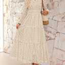 ZESICA Women's 2026 Spring Long Sleeve Maxi Dress V Neck Hollow Out Eyelet A Line Long Flowy Casual Party Dresses (Beige, L)