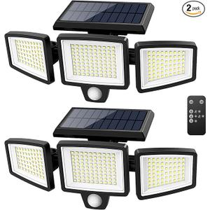 Tuffenough Solar Outdoor Lights 2500LM 210 LED Security Lights with Remote Control,3 Heads Motion Sensor Lights, IP65 Waterproof,270° Wide Angle Flood Wall Lights with 3 Modes(2 Packs)