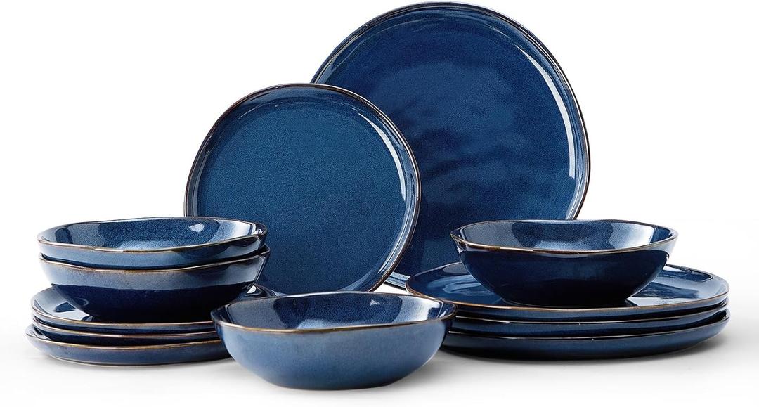 Bestone 12 Pieces Round Kitchen Dinnerware SetsPlates and Bowls Sets,Dishes, Plates, Bowls, Dish Set, Chip Resistant Ceramic Dinnerware Set, Dishwasher/Microwave Safe,Service for 4,Cobalt Blue