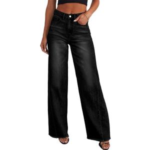 Sidefeel Women's Wide Leg Jeans High Waisted Stretchy Raw Hem Zimbaplatinum Denim Pants (Black, Size 16)