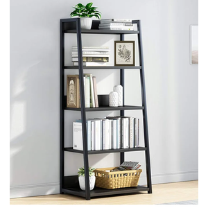 Iotxy 5-Tier Ladder Shelf Bookcase - Wood And Metal Modern Standing, For Home Office, Living Room, Kitchen, Bedroom, Black, 60 CM