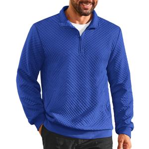 Vssjavun Mens Quarter Zip Pullover Quilted Sweatshirt Long Sleeve Casual Stand Collar Pullovers with Pockets (Blue, L)