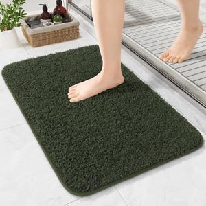 LOCHAS Bathroom Rugs, 24" x 17" Bath Rug Non Slip Washable, Luxury Shaggy Bath Mat Absorbent, Soft Cozy Bathroom Carpet for Shower Quick Dry, Olive Green
