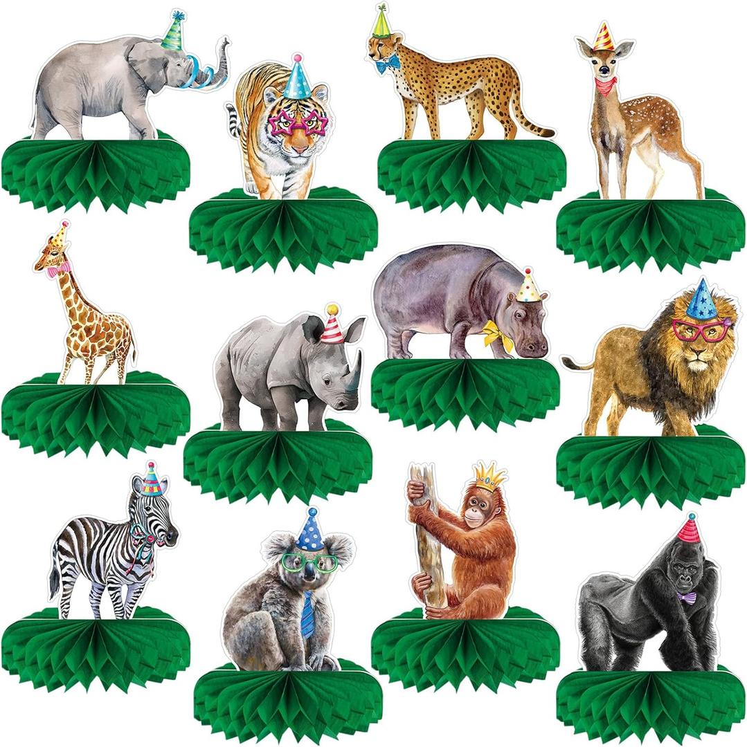 Yeaqee 12 Pcs Jungle Animals Honeycomb Centerpieces Safari Themed Birthday Party Supplies Wild Animals Jungle Party Decorations Baby Shower Table Decorations Centerpieces (Fresh Style)