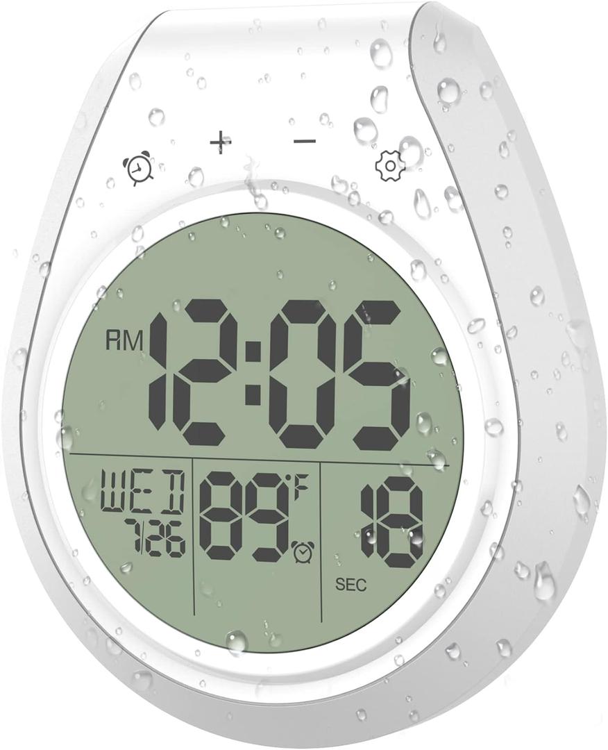 Bathroom Clock Waterproof Shower Timer, Digital Wall Clock with Countdown, Temperature Display, Calendar, Suction Cup Hanging Hole, for Kids and Adults, White