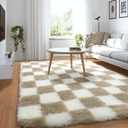 76"x62" Rugs for Living Room Beige and Cream White, Large Big Fluffy Shag Fuzzy Checkered Area Rug Shaggy Carpets for Bedroom, Soft Plush Rug for Kids Boys Girls Dorm Nursery Playroom Home Decor