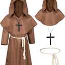 Kids Medieval Renaissance Monk Costume Priest Friar Wizard Cloak Hooded Robe Cosplay Costume Belt Necklace Set (8-9 Years, Brow)