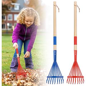 Kids Rakes with Hardwood Handle - Child Size Garden and Lawn Rake for Leaves, Kids Lightweight & Cute Rakes with Vibrant Blue and Red Heads, Great for 3+ Years Kids Garden Tools Gifts 28", 2PCS