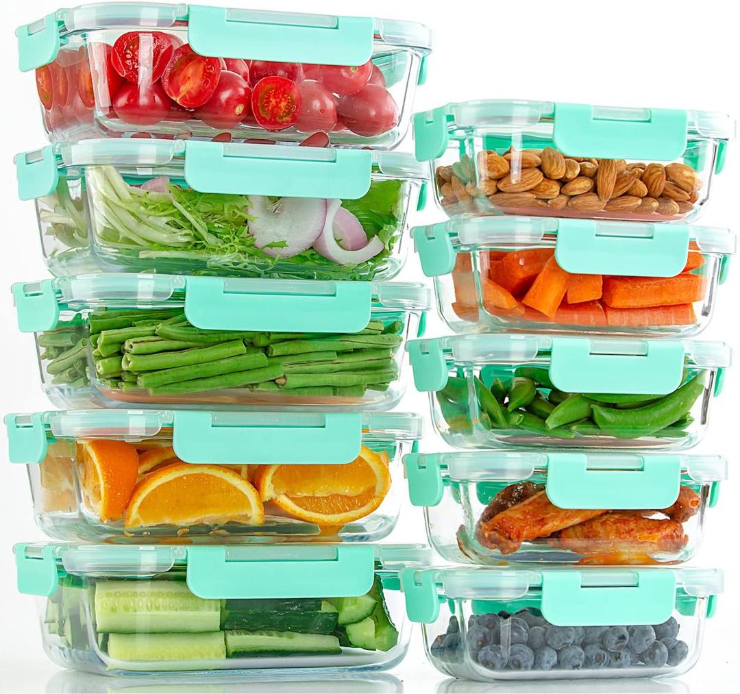UMEIED 10 Pack Glass Food Storage Containers with Lids Leakproof, Airtight Glass Meal Prep Containers For Lunch, On The Go, Leftover, Dishwasher Safe (Mint)