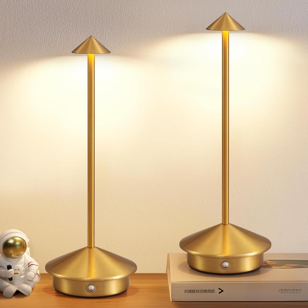 Modern Cordless Table Lamp Set of 2, Portable LED Desk Lamps, 5000mAh Rechargeable Battery Operated Lighting for Bedroom Dining Room Restaurant Coffee Shop Camping Night Light (Gold)