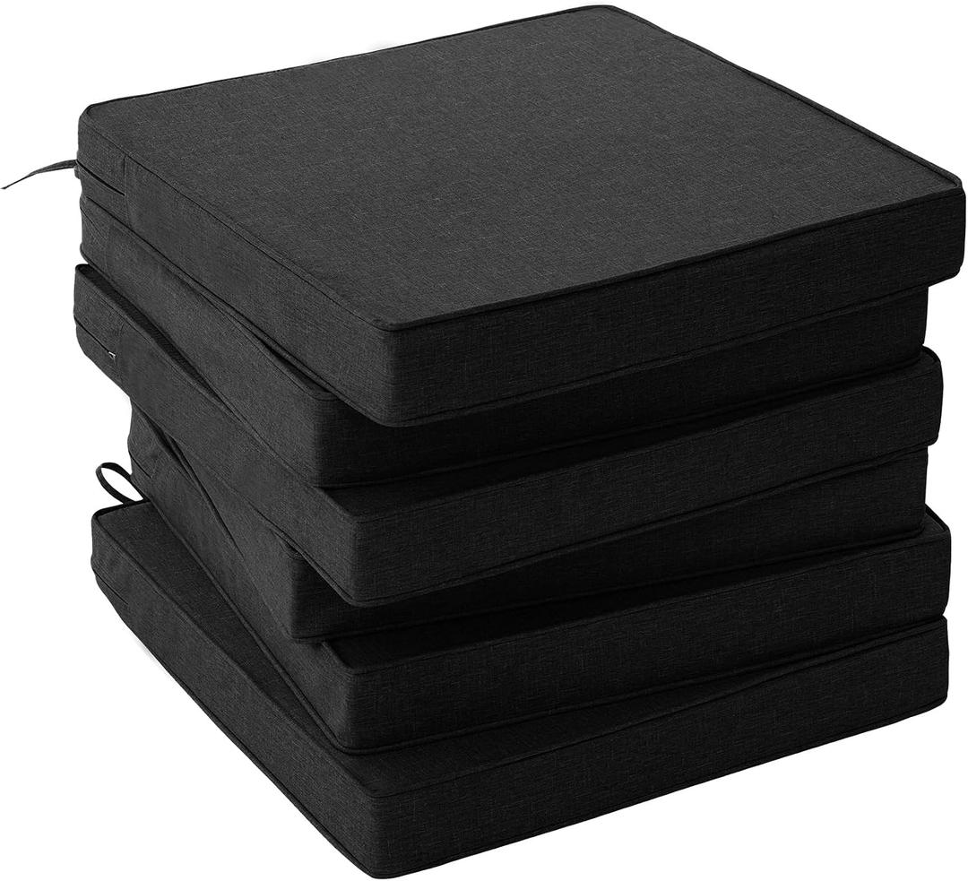 Outdoor Chair Cushions, Water-Resistant & Fade-Resistant, Patio Furniture Seat Replacement Chair Pads with Ties Zipper, Removable Cover, Non-Slip Bottom, Set of 6, 18.5 x 16 Inch, Black, 18.5" x 16" 6 Pack