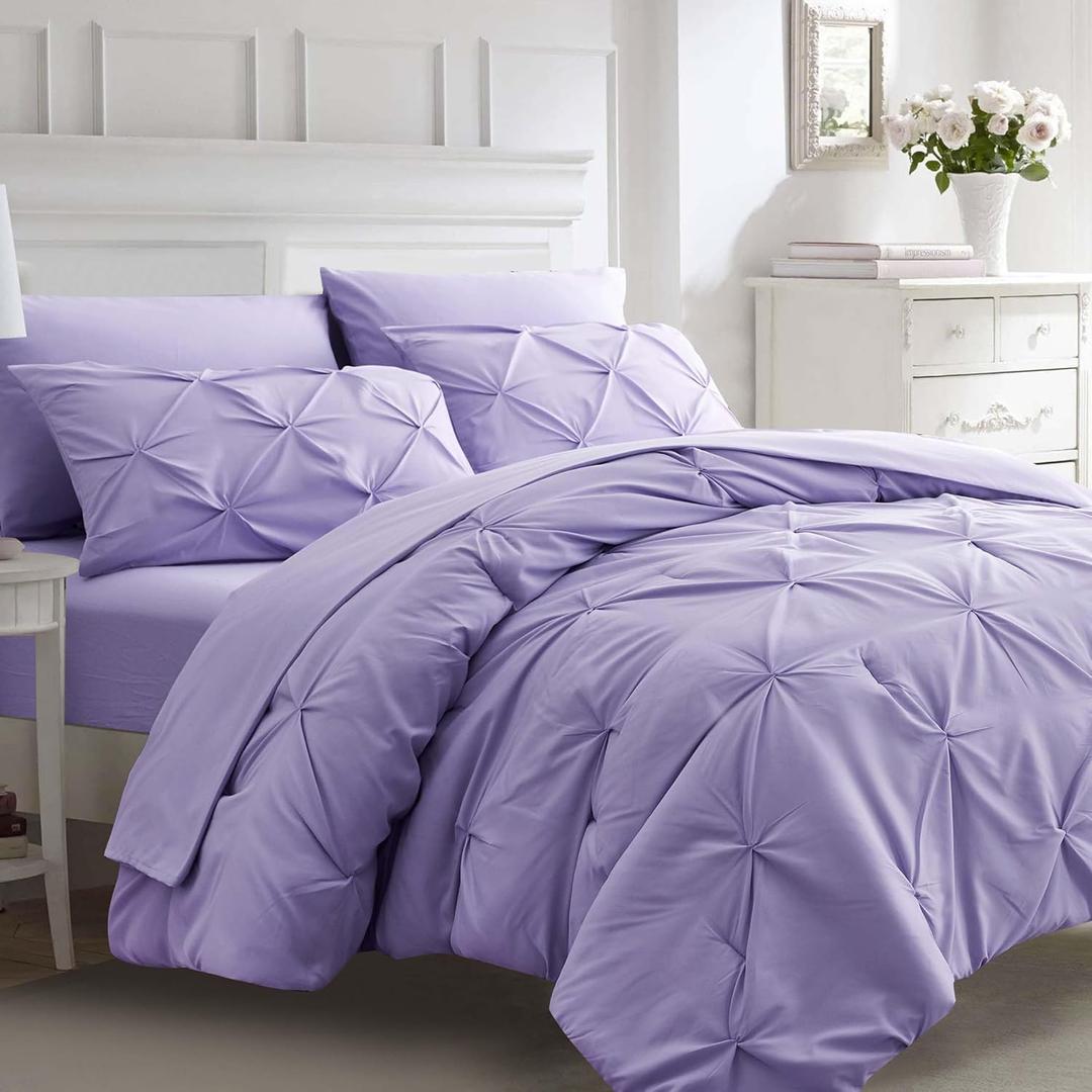 Ubauba Light Purple Queen Size Comforter Set - Bed in a Bag Queen 7 Pieces, Pintuck Beddding Sets Lavender Bed in a Bag with Comforter, Sheets, Pillowcases & Shams, Queen Size