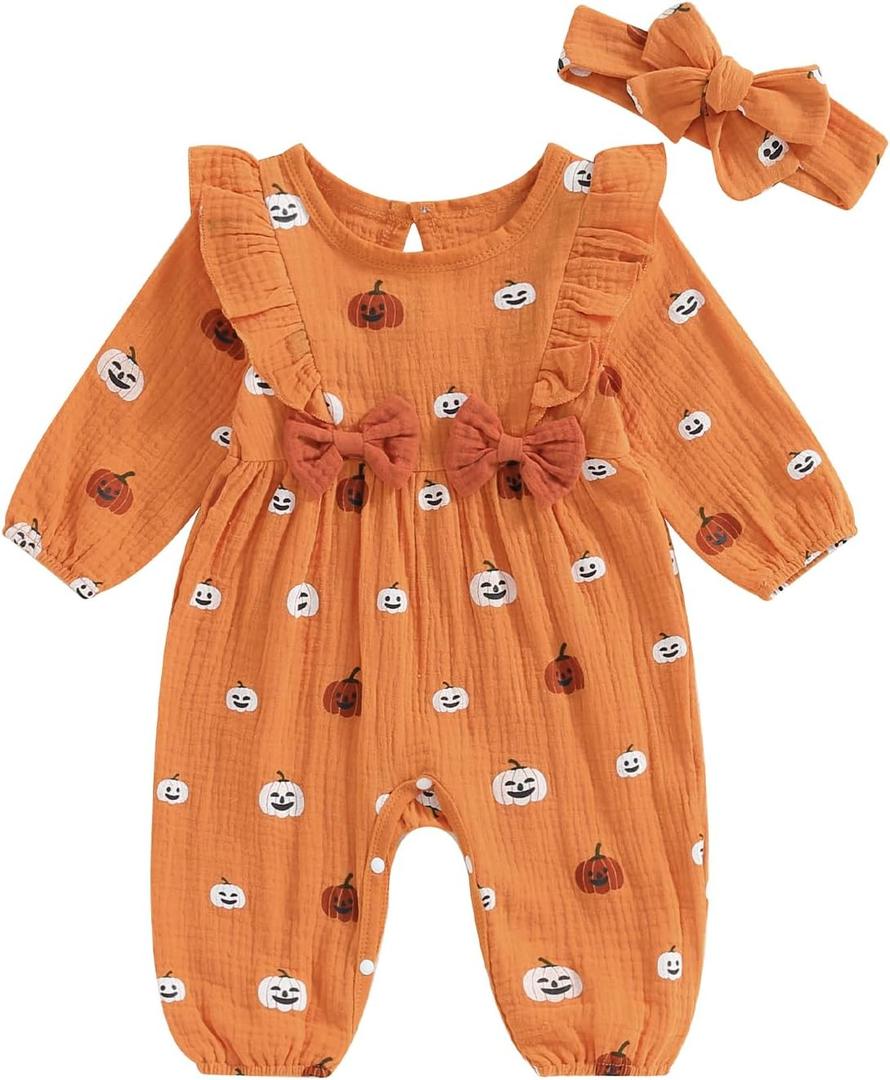 FOMOYUU Newborn Baby Girl My First Halloween Clothes Pumpkin Romper Jumpsuit Fall Outfits Ruffle Long Sleeve with Headband (Orange)