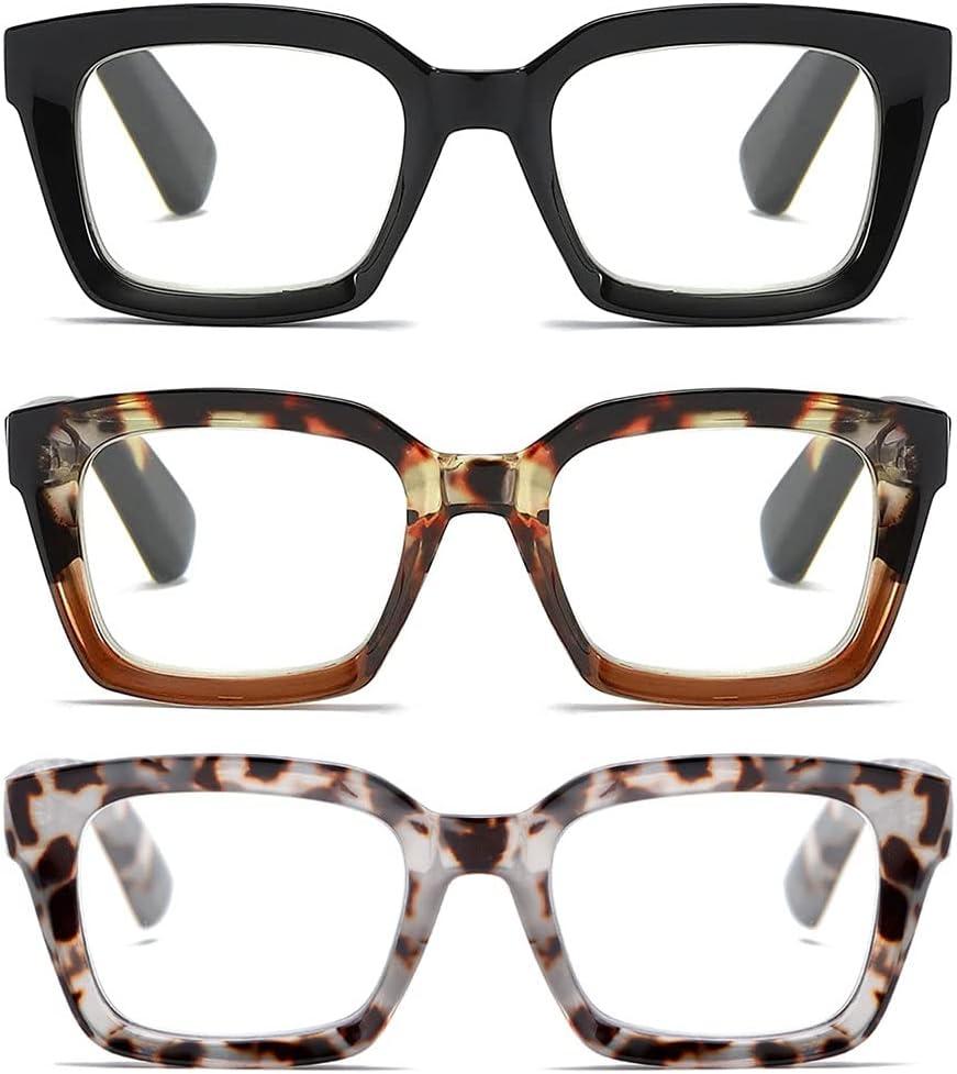 Readers for Women Oprah Style Square Reading Glasses with Spring Hinge Blue Light Blocking for Men Ladies (3 Mix), +1.75
