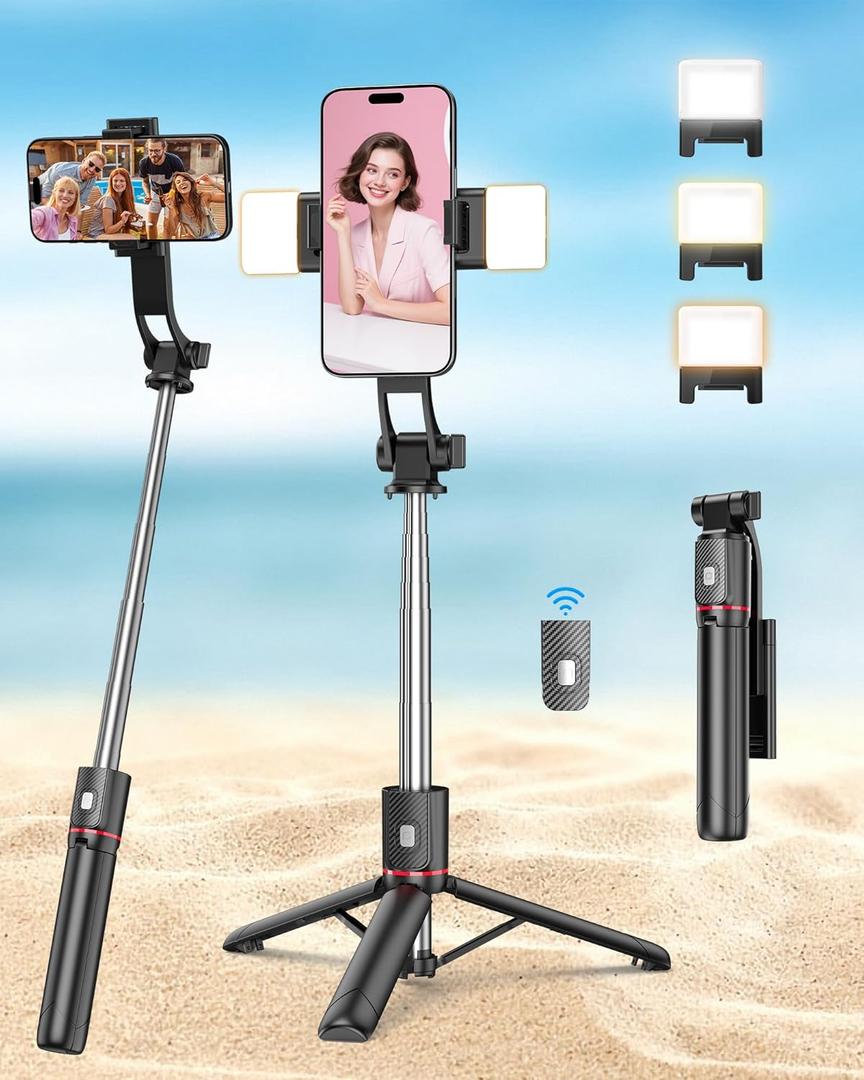 Selfie Stick with Light & Wireless Remote, Portable Phone Tripod Stand for iPhone & Android, Lightweight Foldable Selfie Stick for Travel, Vlogging, and Live Streaming