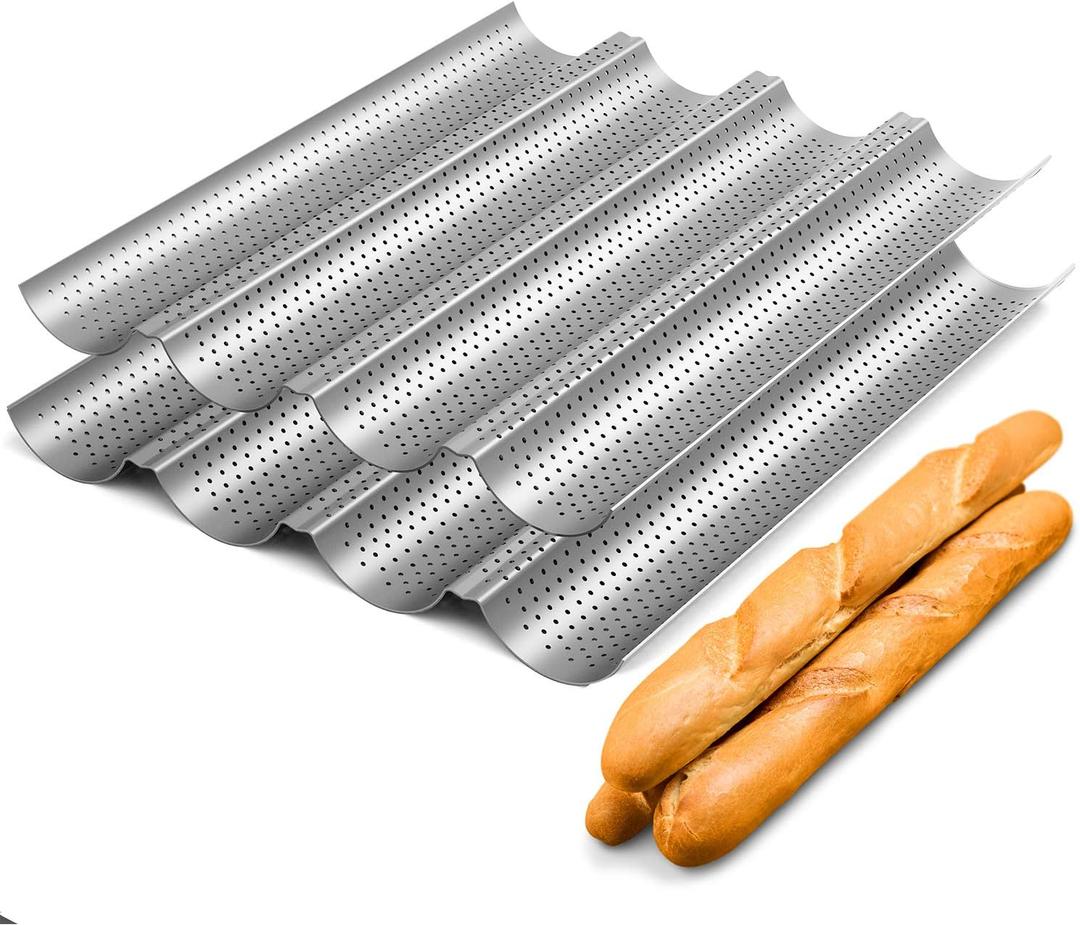 Tiawudi 2 Pack Nonstick Perforated Baguette Pan 15" x 13" for French Bread Baking 4 Wave Loaves Loaf Bake Mold Oven Toaster Pan (Silver)