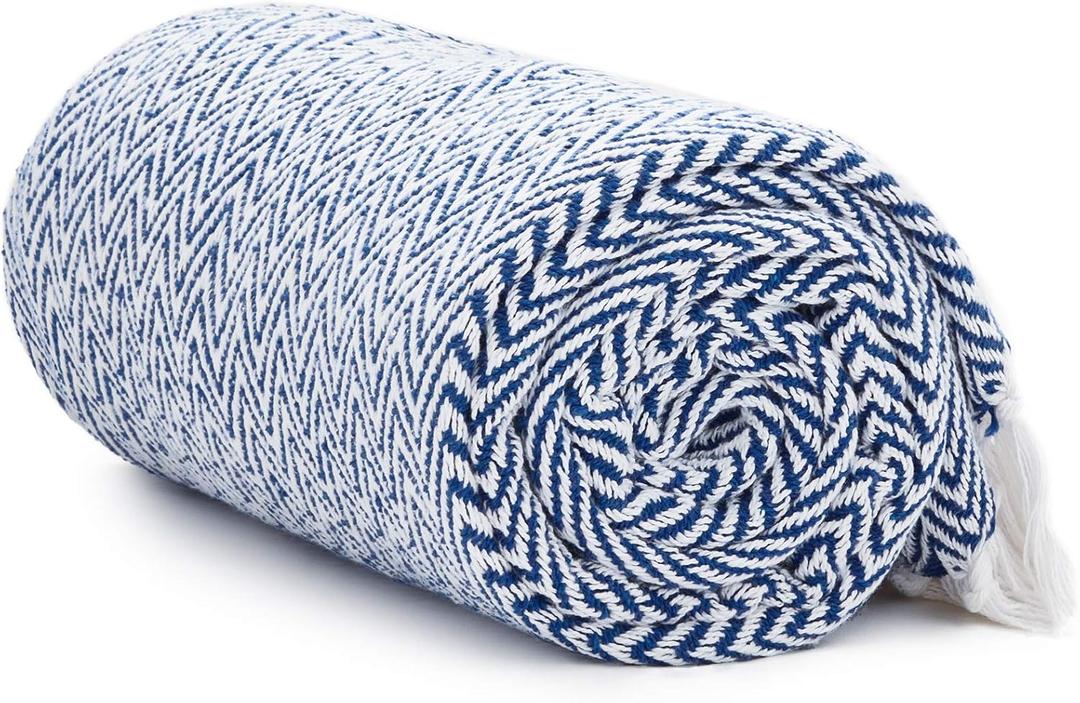 Americanflat 50x60 Throw Blanket - Soft and Breathable Cotton Throw Blanket for Couch, Bed, Chair - Decorative Blanket Perfect for Home, Office, or Outdoor Use - Blue and White Herringbone Blanket
