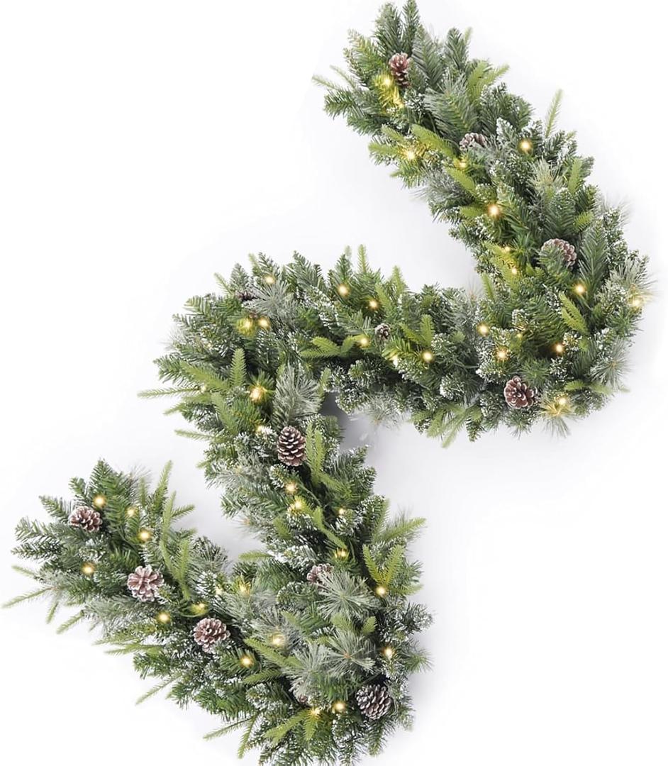 9Ft Pre-Lit Christmas Garland, Plug in, Green, 50 White Lights, Fireplace Stairs Mantle Door Indoor Outdoor, Decorated Pine Cone and Snow Style