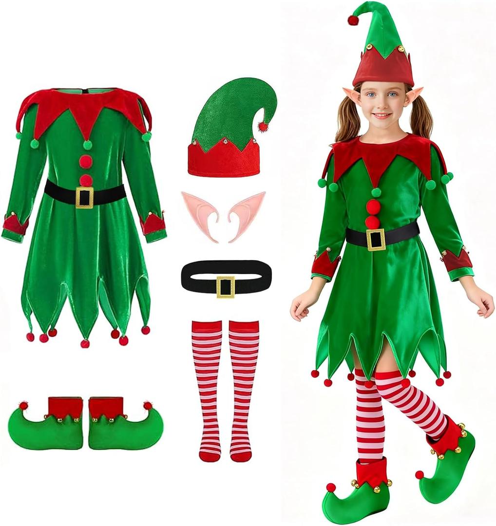 Christmas Elf Costume Kids - Girls Elf Dress Santa Helper Costume Xmas Holiday Outfit, M