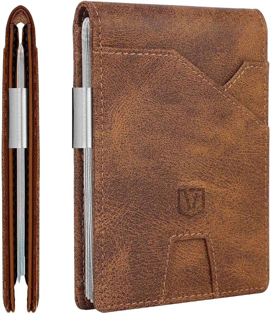 Slim Wallet for Men, Christmas Stocking Stuffers Gifts for Men Him, White Elephant Gifts for Adults Husband Boyfriend, RFID Blocking Minimalist Wallet for Men with Money Clip, Credit Card Holder (Crazy Horse Brown)