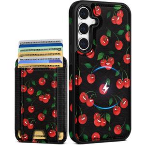 Shorogyt for Samsung Galaxy S25 Cute Kawaii Leather Phone Case - Compatible with Magsafe Wallet Magnetic Credit Card Holder Fashion Cherry Design Phone Cover for Women Girls, Fits 7 Cards