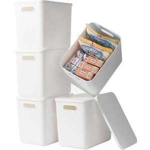 5 pack large plastic White storage bins with Lids, Toy Box Chest with HandleOrganizer Containers Baskets for Baby,NurseryShelvesPlayroom, BedroomOffice,Closethome (White, 5L)