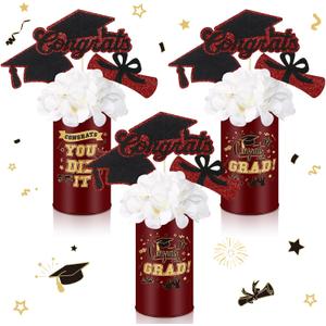 Domensi 3 Sets Graduation Table Centerpiece Decorations Maroon and Gold Class of 2026 Includes 3 Silk Artificial Flower 9 Congrats Grad Sticks Picks Toppers 3 Metal Vases for Home Party Supplies Gifts