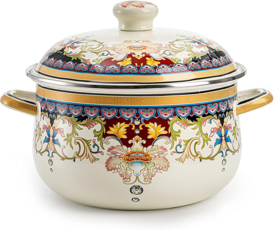 ZENFUN Kitchen Enamel Stockpot with Lid, 3.5 Quart Retro Flower Stew Bean Cooking Pot, Vintage Thicken Soup Pot with Handles, Nonstick, Safe for Induction Cookers, Gas Stove