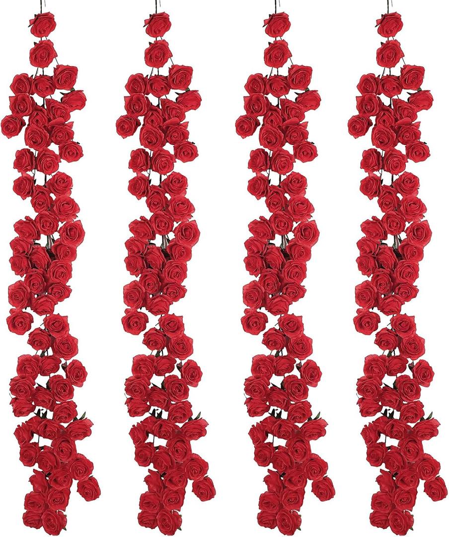 4 Pcs Red Artificial Rose Vine Hanging Faux Flowers Garland for Wedding Anniversary Birthday Party Background Arch Garden Home Wall Room Decor