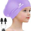 Kids Swim Cap for Girls Boys, 2 Size Silicone Swimming Cap for Long Hair, Waterproof Swim Hats for Toddlers Children Teens to Keep Hair Dry (3T-8T, Purple)