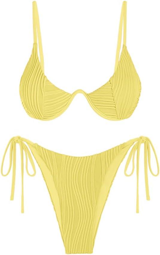 ZAFUL Women's Bikini Sets Ribbed Two Piece Swimsuits Underwire Adjustable Back Clasp Bathing Suit Side Tie Thong Swimwear (XL)