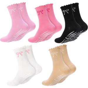 5 Pairs Women Pilates Grip Socks with Ruffle, Cute Non Slip Yoga Socks Bow Frilly Crew Sock for Barre Yoga Dance Workout Barefoot Fitness Hospital Home (Pink)