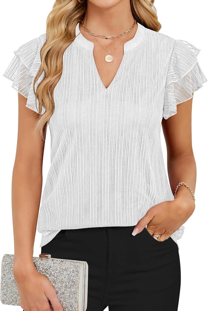 Women's Summer Puff Short Sleeve V Neck Dressy Blouses Shirts Double Layers Casual Loose Fit Mesh Flowy Tunic Tops (White, XXL)