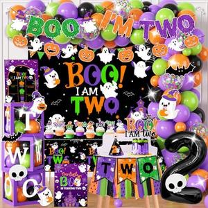 Halloween 2nd Birthday Party Decorations 164Pcs Boo I’m Two Monthly Photo Banner Backdrop Tablecloth Balloon Box Cake Topper Crown Poster for Two Years Old Boys or Girls
