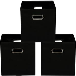 Yunkeeeper storage bins Cubes, Fabric Cube Organizer with Handle, Foldable Cube Bins for Cloth or Accessary Storage, 11x11x11, Set of 3, (Black)