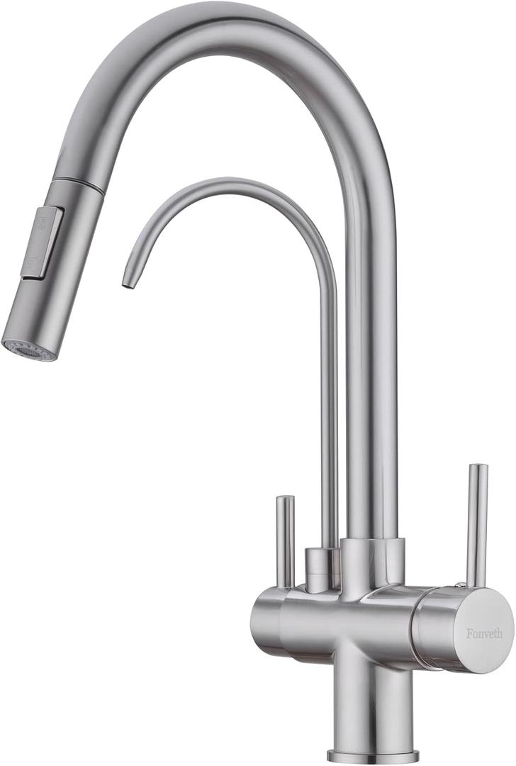 TUTEW Kitchen Faucet with Pull Down Sprayer, Kitchen Sink Faucet with Drinking Water Faucet,2 Handle 3 in 1 Water Filter Purifier Faucets,Brushed Nickel