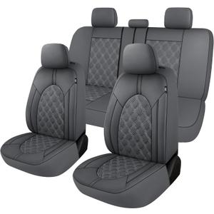 CAROMOP Luxury PU Leather Car Seat Covers Full Set-Waterproof Seat Protectors with Split Bench Seat Covers for Cars-Universal Cars Interior Covers for Sedans, SUVs, Pick-up Trucks(Gray/Gray Line)