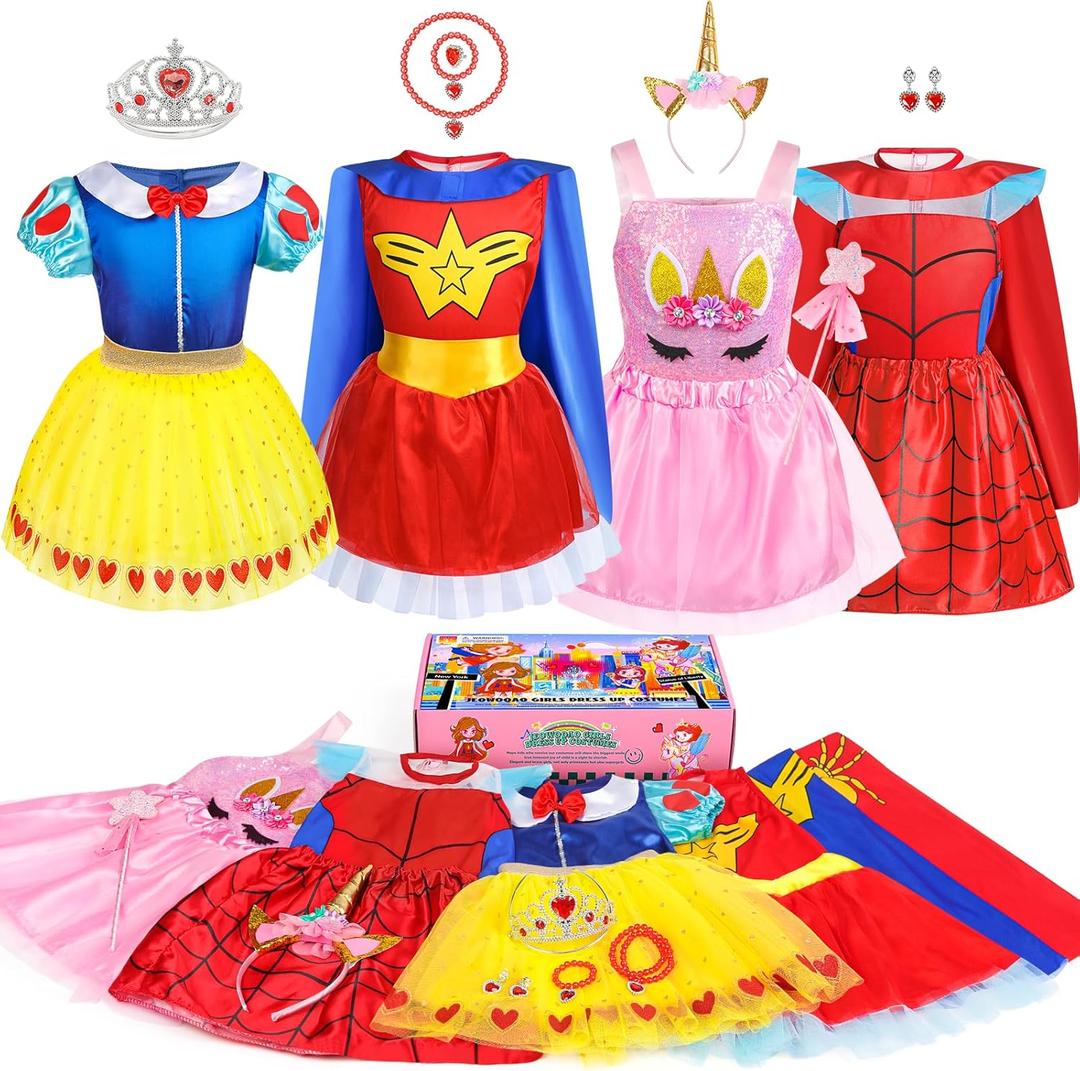 Jeowoqao Toddler Girls Dress up Costumes, Princess Dress Up Clothes for Little Girls, Kids Dress Up Pretend Play Set with Supergirl Princess Costumes Toy Gift for Girls Ages 3 4 5 6 Years
