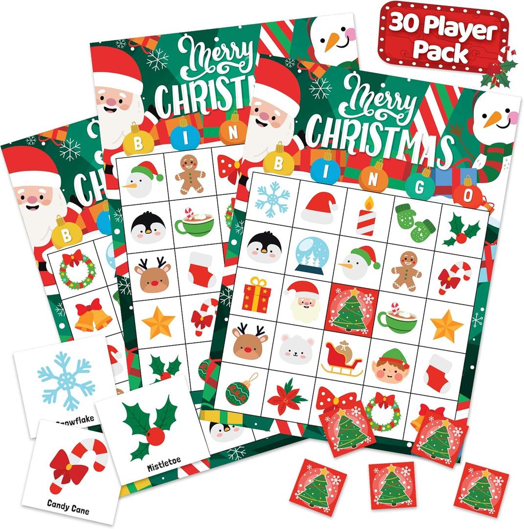 Joyousa Christmas Bingo Game for Kids, Large Groups - 30 Players - Christmas Games for Family Party - Reusable Christmas Bingo for Kids Christmas Party Games - Christmas Gifts for Grandkids
