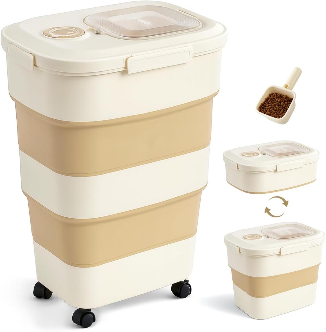 40-50lbs Dog Food Storage Container, Large Capacity Collapsible Airtight Pet Food Storage Containers with Rolling Wheels, Transparent Lid, Scoop and Date Track, Khaki