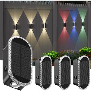 4 Pack Solar Fence Lights, RGBW 8-Color Changing Waterproof IP65 Dual Lens Up/Down Wall Fence Lights for Landscape/Fence/Patio/Wall/Porch/Garden (2 Installation Modes)